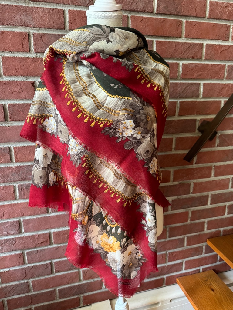 Valentino Green & Burgundy Floral Wool Ocersized Scarf Shawl Wrap 54”X54”Signed